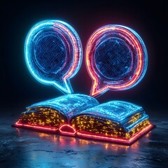 Poster - Glowing Minimalist Icon of Overlapping Speech Bubbles and a Book Symbolizing Collaborative Discussions in Education
