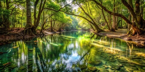 Aufkleber - Sunlight filtering through the canopy illuminates a tranquil river winding through a dense forest of towering trees, their reflections shimmering on the glassy water.
