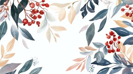 Wall Mural - winter background design with watercolor brush texture, flower and botanical leaves watercolor hand 