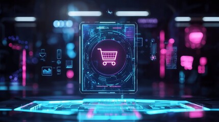 Poster - A holographic display of a virtual shopping cart, checkout process, and delivery tracking.