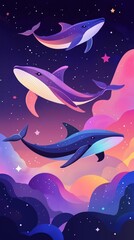 Wall Mural - Dreamy cosmic whales floating in a vibrant surreal galaxy night sky