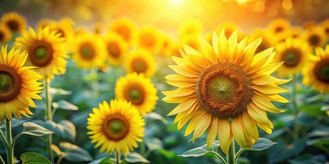 Aufkleber - A vibrant sunflower basking in the golden glow of the setting sun, surrounded by a sea of its brethren in a field of verdant green.