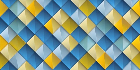 Fototapete - Abstract Geometric Pattern of Interlocking Blue, Yellow, and Beige Rhombuses with a Subtle Embossed Effect