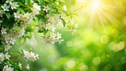 Aufkleber - Delicate white blossoms on a branch against a soft, green bokeh background, bathed in warm sunlight.