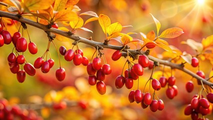 Aufkleber - A branch laden with clusters of ripe red berries against a backdrop of golden autumn leaves, bathed in the soft glow of sunlight.