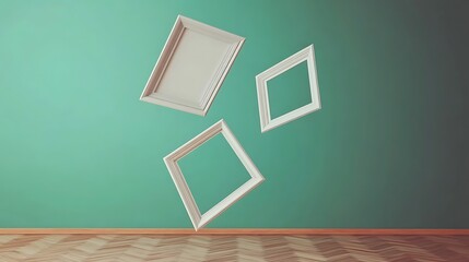 Poster - Three White Frames Floating in the Air Against a Turquoise Wall