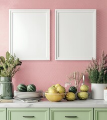 Poster - Two White Poster Frames Stacked on Top of Each Other on Pink Wall
