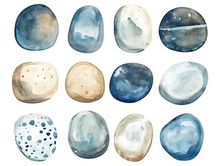 Poster - Abstract Watercolor Composition of Smooth Pebbles in Beige and Blue