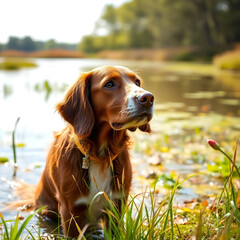 hunting dog in the pond hunts. portrait of setter in the summer on the nature.