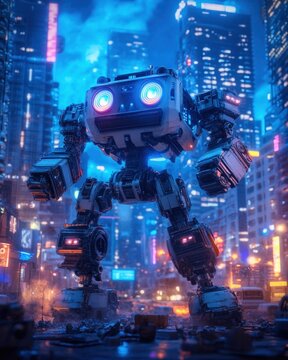Giant robot in urban setting with glowing eyes and pixelated design, illuminated by neon lights, representing technology and futuristic concepts