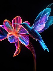 Poster - Digital illustration of a vibrant bird and flower against a black backdrop. The bird is blue with glowing trails and the flower is multicolored