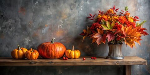 Poster - A Still Life Arrangement of Pumpkins and Autumn Leaves on a Rustic Wooden Shelf