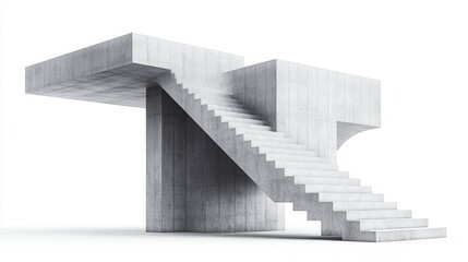 Fototapete - Abstract 3D rendering of a concrete staircase structure against a white background. The stairs are geometric and appear to defy gravity. Clean lines and neutral tones dominate the image.