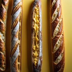 Poster - Baguette French long crusty bread with a chewy inside Food portrait photography display on red background