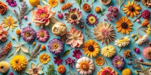 Aufkleber - A Vibrant Collage of Delicate Flowers and Botanical Elements Arranged on a Cool Blue Background