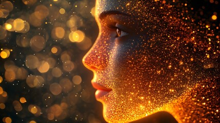 Poster - An abstract digital human face with a soft bokeh background, blending technology and art in a futuristic design