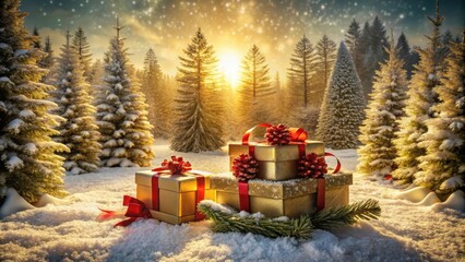 Aufkleber - Golden Christmas Presents Nestled Among Snow-Covered Evergreen Trees in a Sunlit Winter Forest
