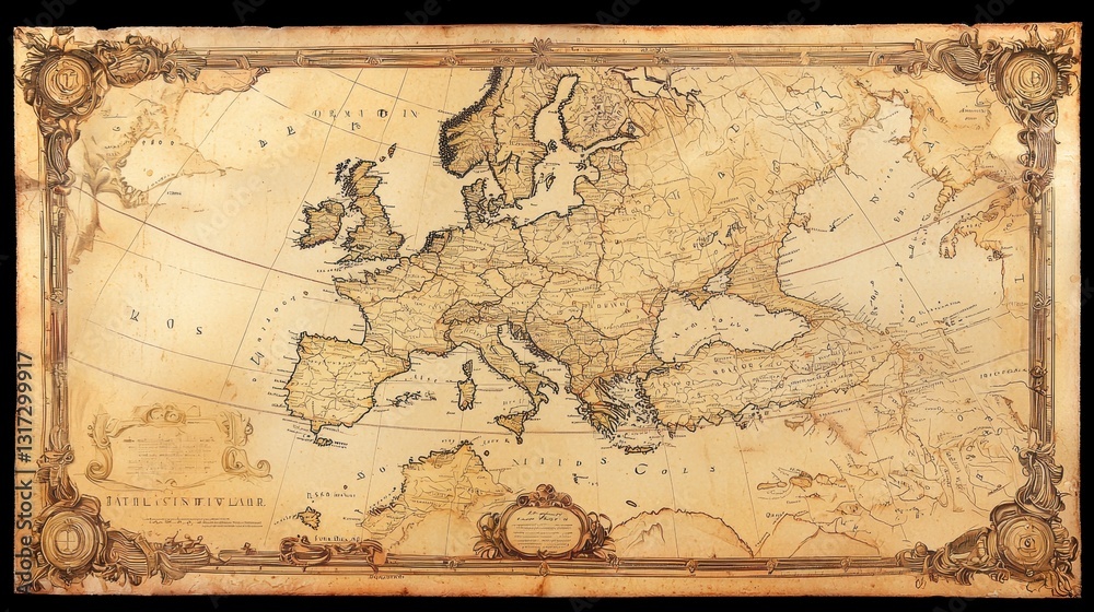 Antique map of Europe, parchment texture, aged look, detailed ...