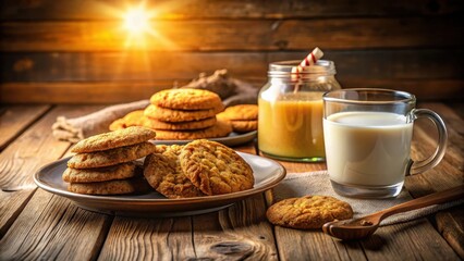 Poster - A delightful scene of golden cookies stacked on a plate, a glass of milk, and a jar of golden beverage, all bathed in the warm glow of the setting sun.