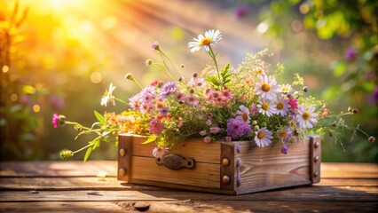 Aufkleber - A Wooden Box Overflowing with Delicate Wildflowers Bathed in the Warm Glow of the Setting Sun
