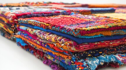 Poster - Vibrant collection of intricately woven rugs stacked neatly, showcasing diverse colors and patterns