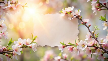 Poster - A delicate paper sheet with a torn edge nestled amidst a backdrop of blooming branches, bathed in a warm, ethereal glow