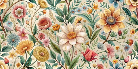Poster - An Artistic Floral Tapestry Featuring Blooms of Diverse Hues and Shapes, Rendered in Delicate Brushstrokes