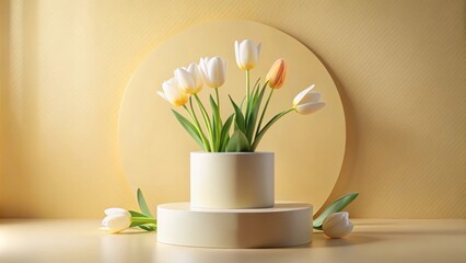 Poster - Minimalist Still Life of White Tulips in a Vase on a Platform with a Yellow Background
