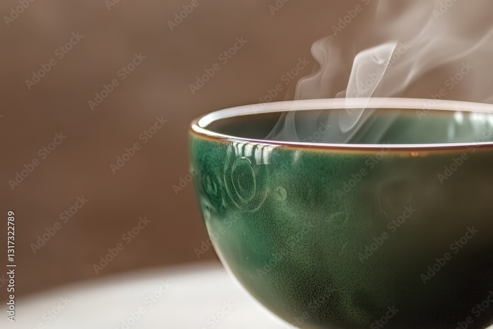 A green ceramic bowl emits steam, suggesting a freshly poured hot beverage inside. The bowls smooth surface reflects light, creating a cozy and inviting atmosphere.