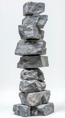 Poster - A vertical stack of dark gray, rough textured stones against a bright white background. The stones are irregular in shape and size, creating a visually interesting texture.