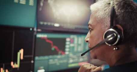 Aufkleber - Woman, headset and screen with stock market for investment or NFT analysis at call center. Female person, broker or mature trader with graphs or charts for monitoring cryptocurrency at office desk