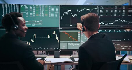 Aufkleber - Men, graphs and computer screen for stock market, handshake and headset with stats, analysis or review. People, partner and monitor for charts, trading and profit with success at investment agency