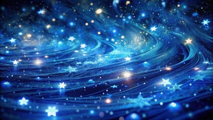 Fototapete - A celestial abstract with a blue and white color scheme, showcasing a shimmering cosmos of stars and glowing lights in a swirling, flowing pattern.