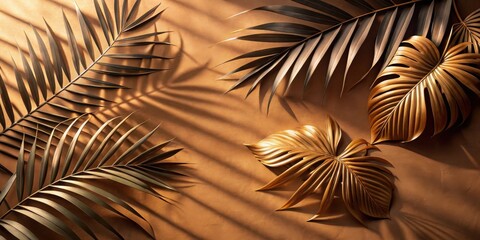 Poster - Tropical Golden Leaf Pattern with Sun Rays and Shadows