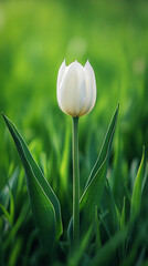 Poster - Close-up of single white tulip, green leaves background, delicate petals, stem, natural light, symbolizes purity, spring, new beginnings