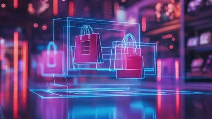 Poster - E-commerce Shopping Bags Neon Glow Digital Retail Experience