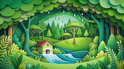 Poster - A whimsical papercraft illustration of a verdant forest, complete with a quaint cottage nestled beside a rushing river, all bathed in the gentle embrace of a refreshing summer rain.