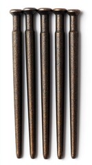 Poster - Five bronze colored metal pins arranged vertically against a white background. The pins have a slightly textured finish.