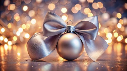 Poster - A single silver Christmas ornament adorned with a delicate bow sits in the soft glow of twinkling lights.