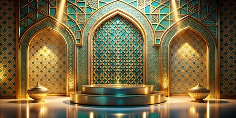 Aufkleber - A decorative display with golden arches and a pedestal, embellished with intricate teal and gold patterns.