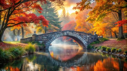 Aufkleber - Stone arch bridge spanning a misty river in a vibrant autumn forest with warm golden and red foliage