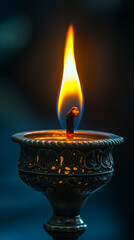 Poster - Ornate metal candle holder with a lit candle, showcasing a warm, flickering flame against a dark background, symbolizing hope, peace, and remembrance
