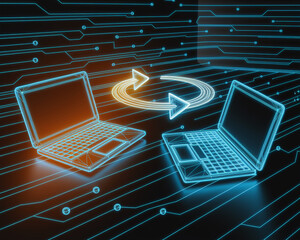 Poster - Two wireframe laptops exchanging data via glowing arrows on a circuit board background, symbolizing digital transfer and network connection, ideal for tech concepts