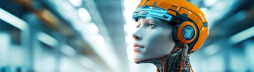Poster - Futuristic Cybernetic Humanoid Supervising Automated Processes in a High-Tech Environment