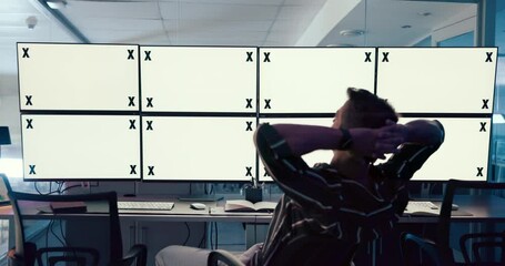 Poster - Mockup, stretching and man in office, computer and done with work in creative company, screen and back. Complete, journalist and person with finished task, relax and worker on break in business