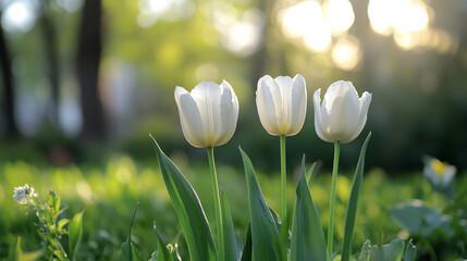 Poster - Three white tulips in a garden bathed in sunlight, conveying serenity, purity, and the beauty of spring nature