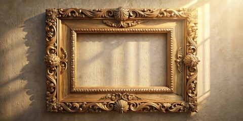 Aufkleber - Ornate gilded frame with intricate carvings set against a textured wall bathed in warm sunlight