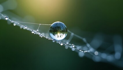 A delicate macro shot of a water droplet suspended on a spider web, reflecting the surrounding environment like a tiny lens. The intricate web strands glisten in soft natural light