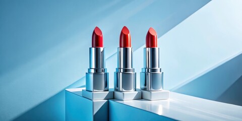 Aufkleber - Three lipstick tubes in metallic silver casing with red lipstick on a blue platform with light reflecting off the surfaces