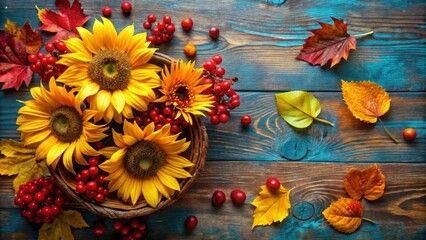 Poster - Vibrant Fall Still Life Featuring Sunflowers and Autumn Leaves on a Rustic Wooden Background